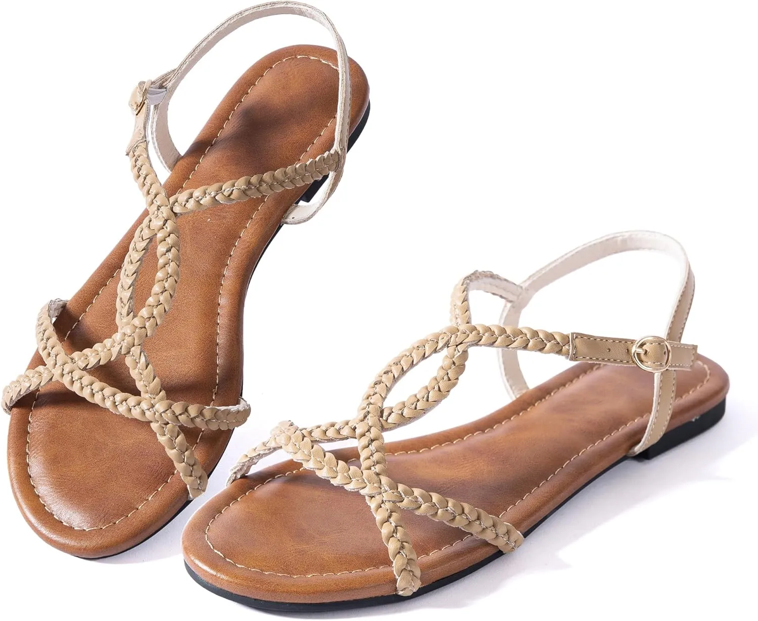 Mtzyoa Women Strappy Flat Sandals Gladiator Dressy Ankle Strap Summer Vacation Comfort Leather Ladies Casual Party Trendy