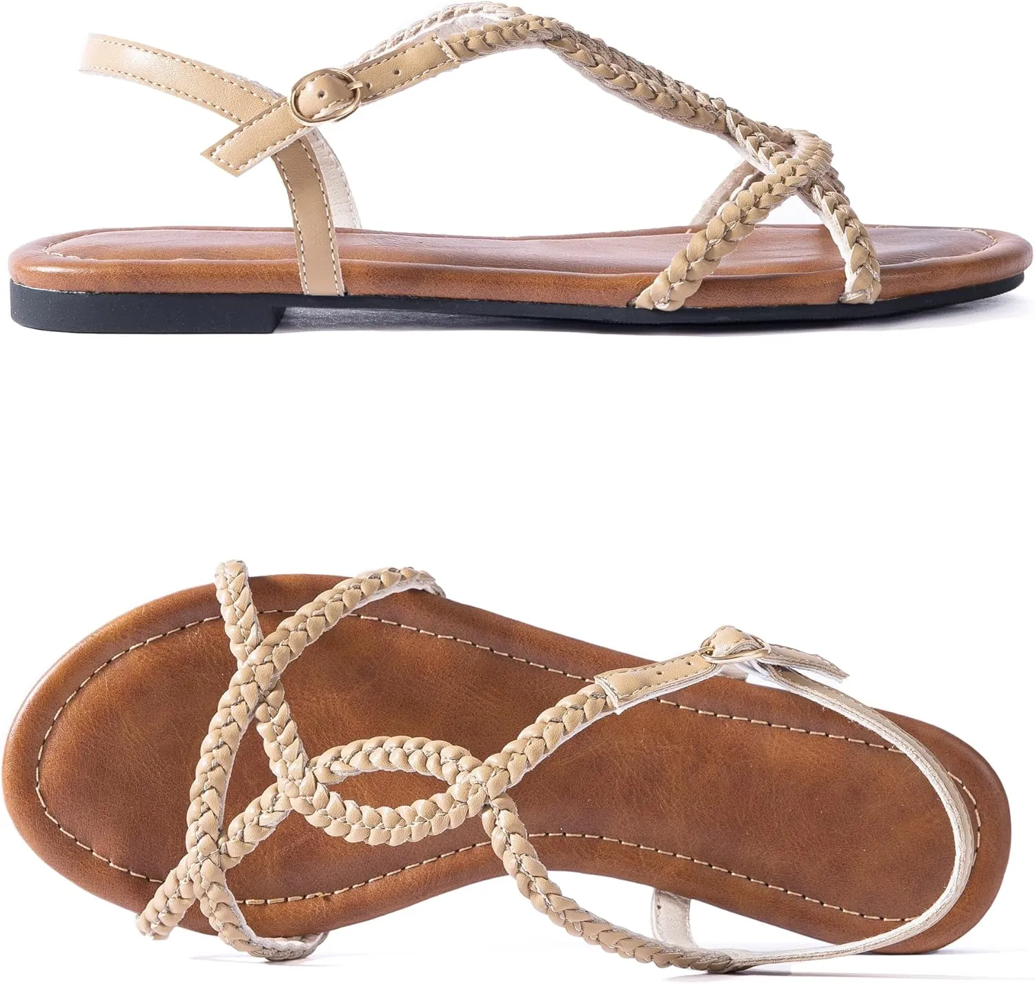 Mtzyoa Women Strappy Flat Sandals Gladiator Dressy Ankle Strap Summer Vacation Comfort Leather Ladies Casual Party Trendy