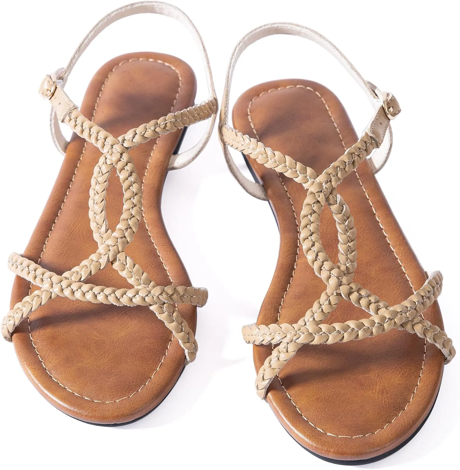 Mtzyoa Women Strappy Flat Sandals Gladiator Dressy Ankle Strap Summer Vacation Comfort Leather Ladies Casual Party Trendy