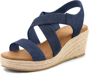 mysoft Women's Platform Espadrille Wedge Sandals Open Toe Elastic Ankle Strap Crisscross Slip on Summer Shoes