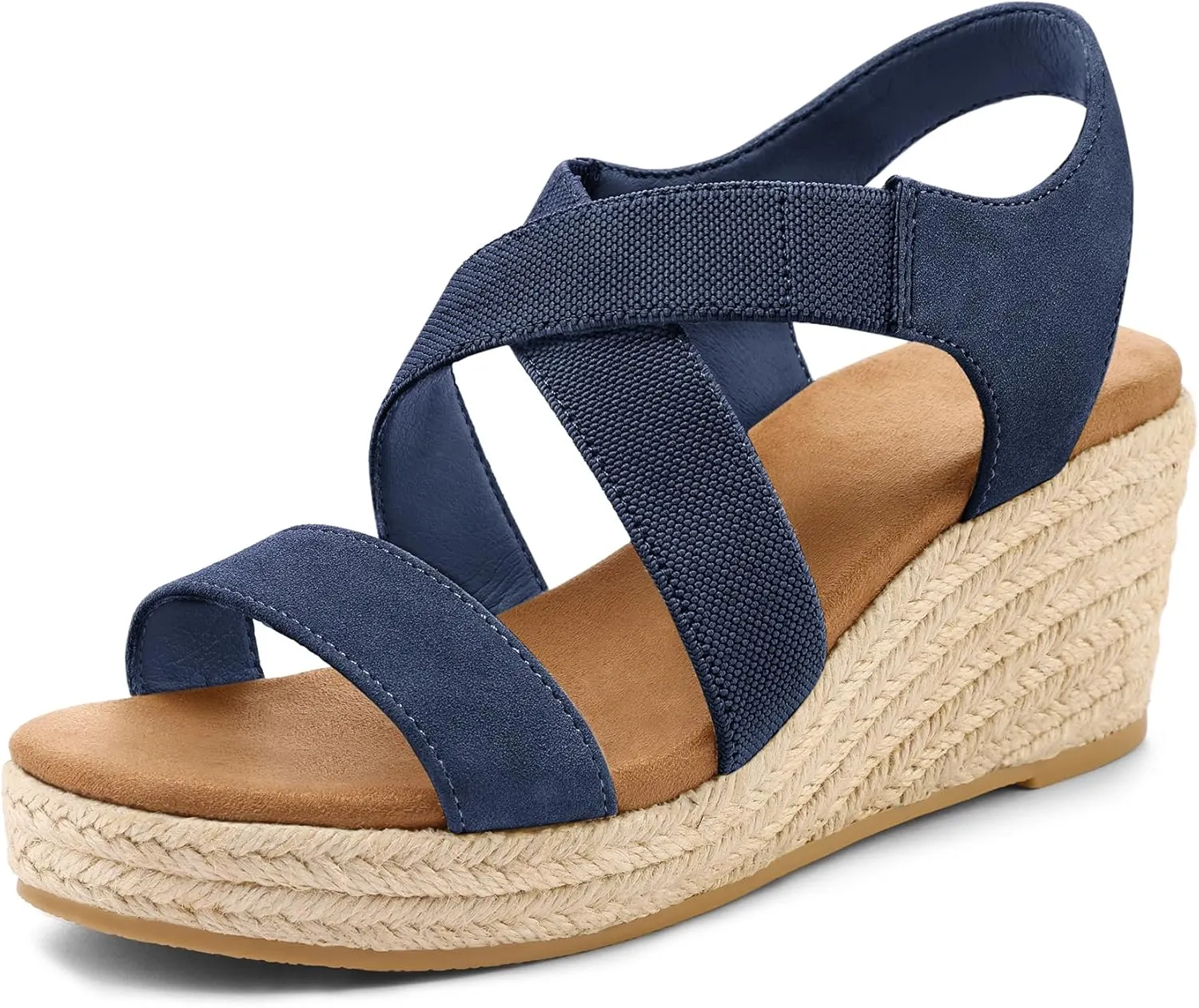 mysoft Women's Platform Espadrille Wedge Sandals Open Toe Elastic Ankle Strap Crisscross Slip on Summer Shoes