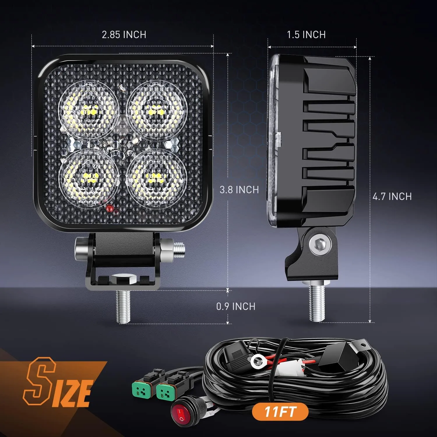 Nilight 2 PCS 3 Inch LED Pods Square 1500LM Built-in EMC Work Lights 90° Flood Beam Angle Offroad Side Light w/ 16AWG DT Wiring Kit for Tractor Truck Boat ATV UTV