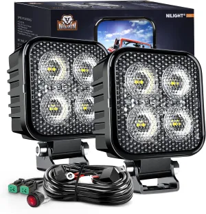 Nilight 2 PCS 3 Inch LED Pods Square 1500LM Built-in EMC Work Lights 90° Flood Beam Angle Offroad Side Light w/ 16AWG DT Wiring Kit for Tractor Truck Boat ATV UTV