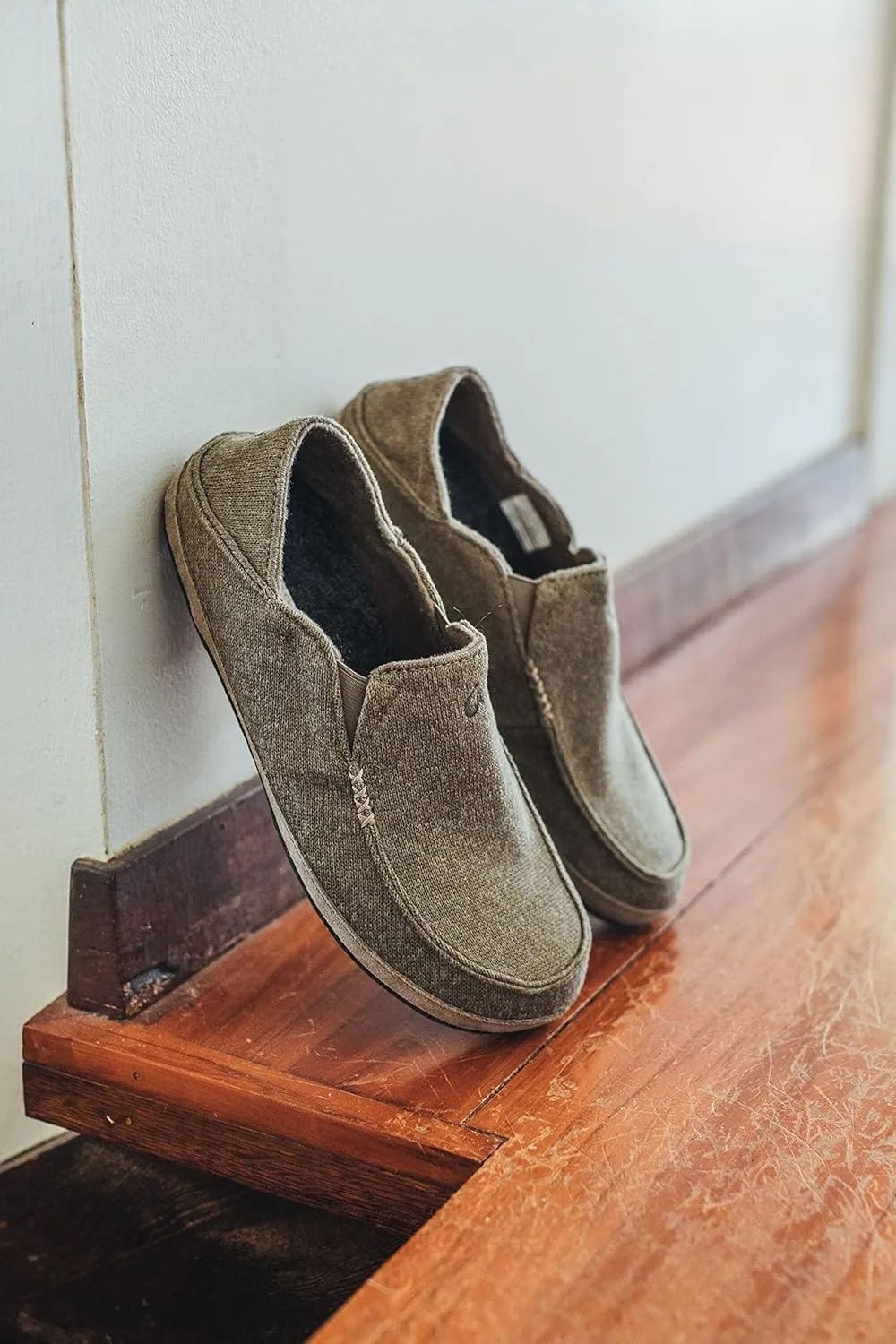 OLUKAI Moloa Hulu Men's Wool-Blend Slippers, Soft & Heathered Knit Slip On Shoes, Suede Leather Foxing, Drop-In Heel Design