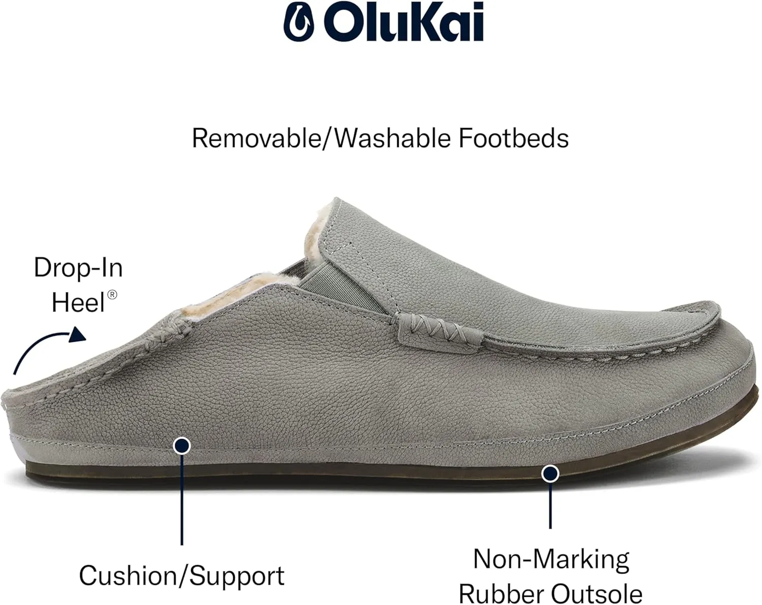OLUKAI Moloa Slipper Men's Premium Leather Slip On Shoes, Soft Genuine Shearling Lining & Gel Insert, Drop-In Heel & All-Day Comfort