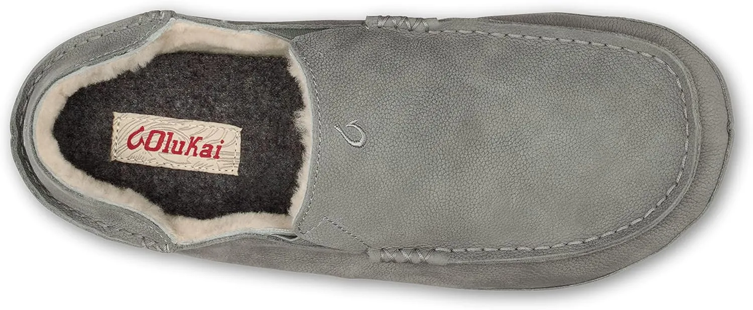 OLUKAI Moloa Slipper Men's Premium Leather Slip On Shoes, Soft Genuine Shearling Lining & Gel Insert, Drop-In Heel & All-Day Comfort