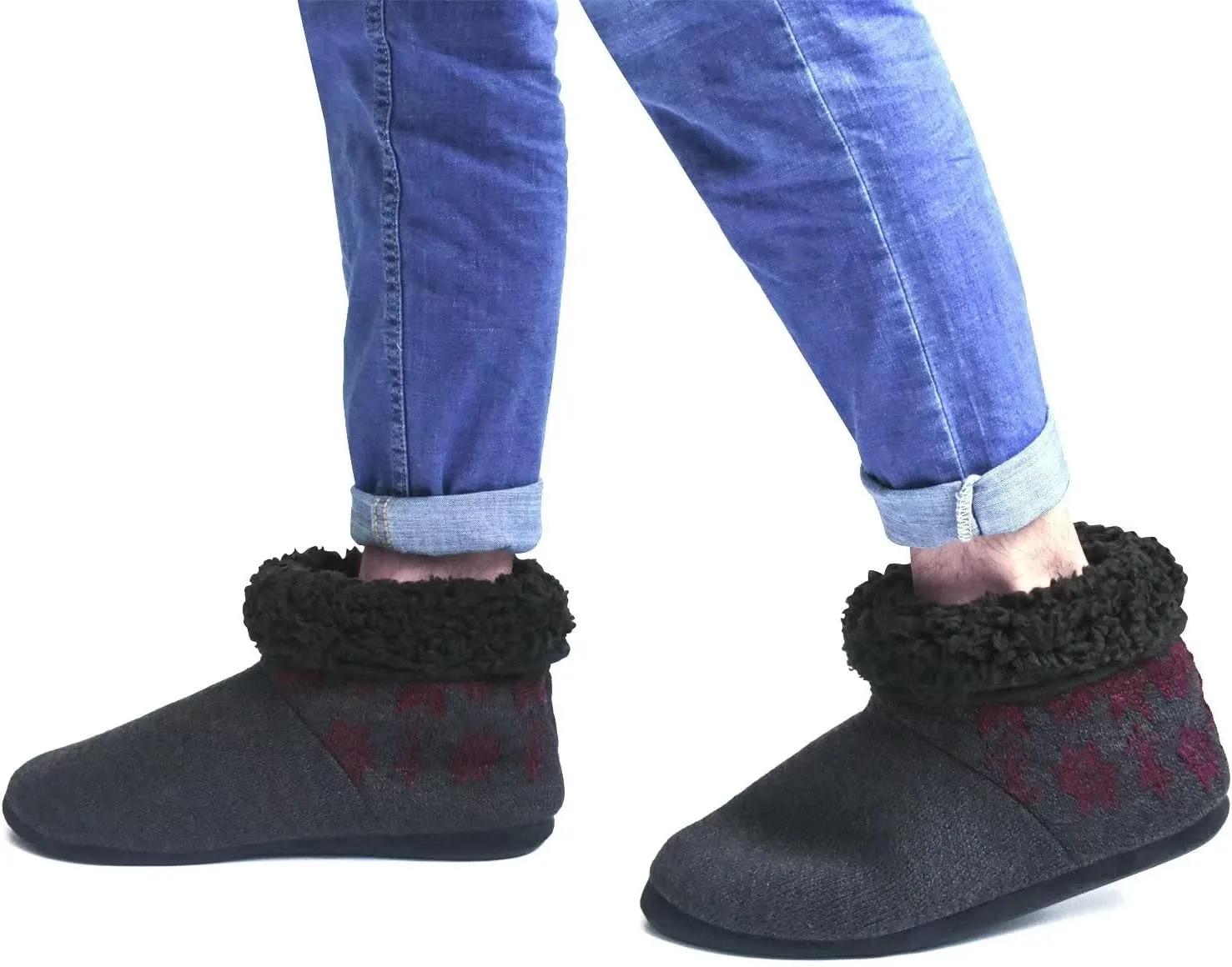 ONCAI Men’s-Slipper-Boots-Winter-Fleece-House-Slippers Knitted Indoor Flat Warm Wool Booties Pull On Memory Foam Outdoor Non-Slip Ankle Bedroom Boot Slippers with Soft Rubber Sole