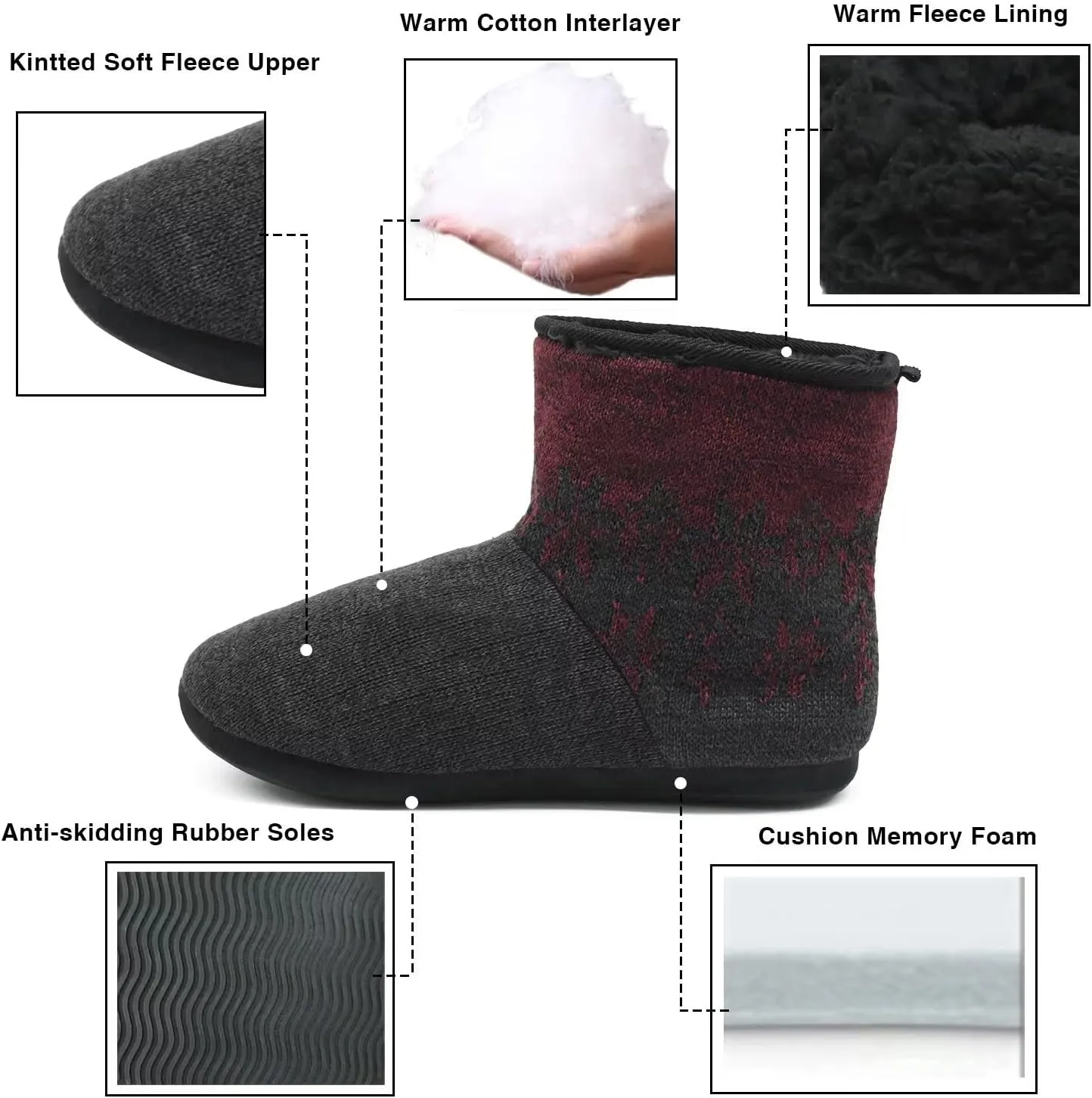 ONCAI Men’s-Slipper-Boots-Winter-Fleece-House-Slippers Knitted Indoor Flat Warm Wool Booties Pull On Memory Foam Outdoor Non-Slip Ankle Bedroom Boot Slippers with Soft Rubber Sole