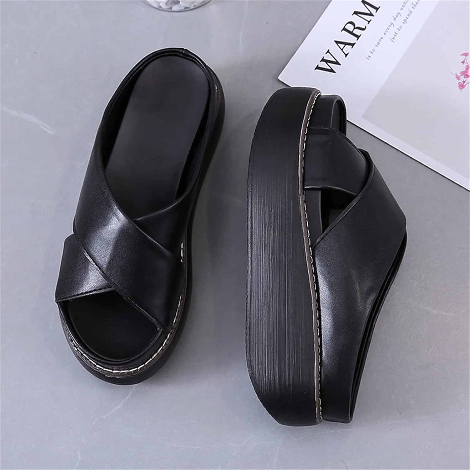 ORNVEION Women's Leather Platform Wedge Heel Sandals,Comfy Soft Fashion Open Toe Slip-on Casual Outdoor Beach Slipper