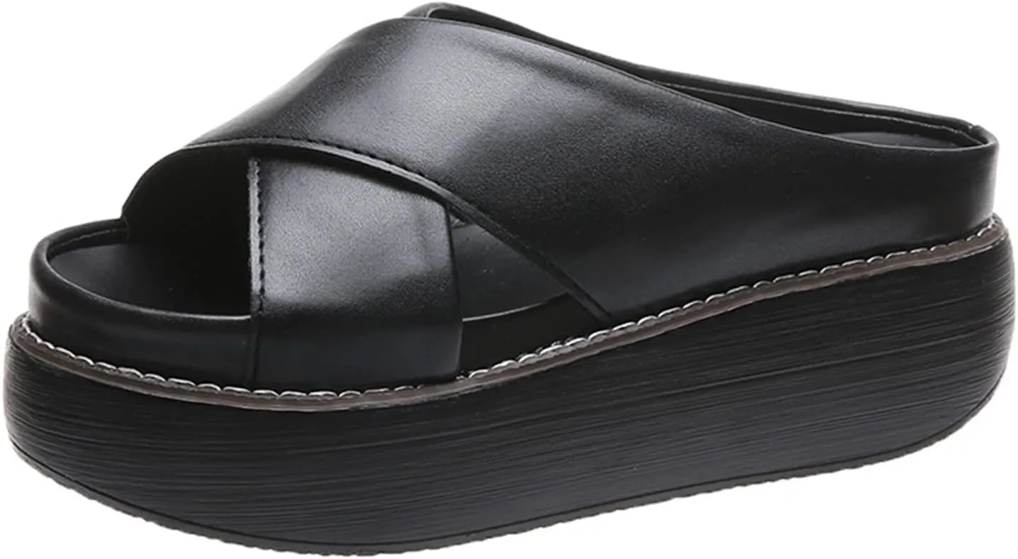 ORNVEION Women's Leather Platform Wedge Heel Sandals,Comfy Soft Fashion Open Toe Slip-on Casual Outdoor Beach Slipper