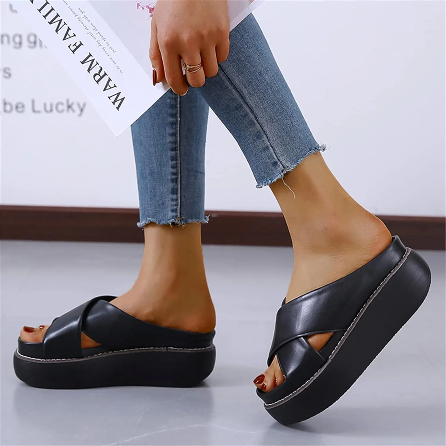 ORNVEION Women's Leather Platform Wedge Heel Sandals,Comfy Soft Fashion Open Toe Slip-on Casual Outdoor Beach Slipper