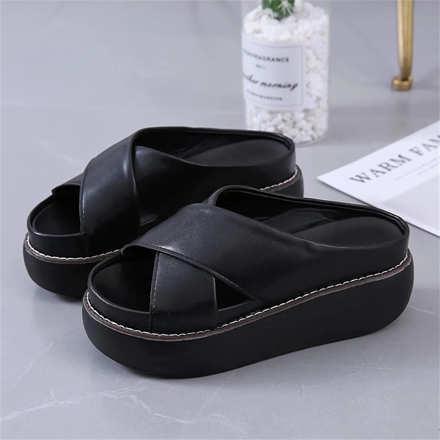ORNVEION Women's Leather Platform Wedge Heel Sandals,Comfy Soft Fashion Open Toe Slip-on Casual Outdoor Beach Slipper