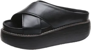 ORNVEION Women's Leather Platform Wedge Heel Sandals,Comfy Soft Fashion Open Toe Slip-on Casual Outdoor Beach Slipper