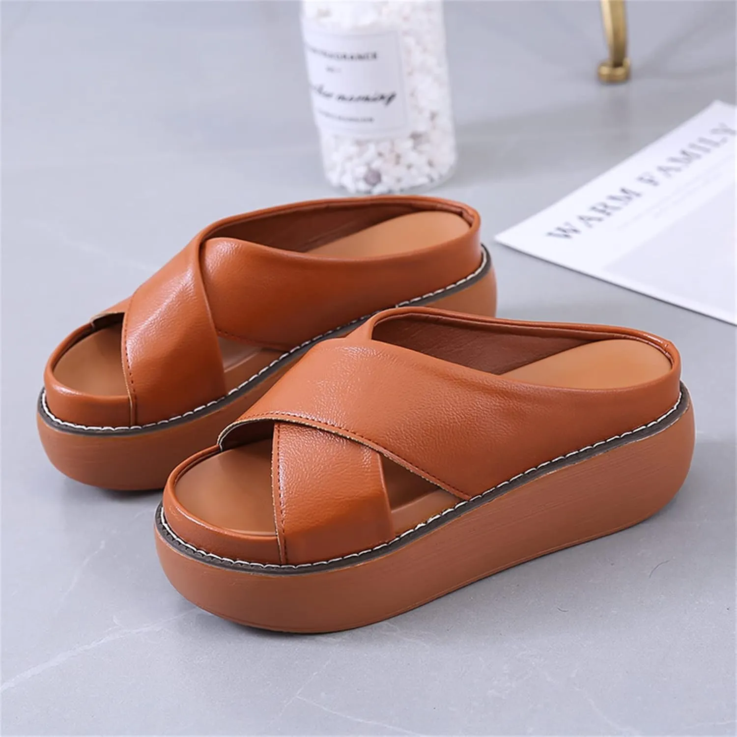 ORNVEION Women's Leather Platform Wedge Heel Sandals,Comfy Soft Fashion Open Toe Slip-on Casual Outdoor Beach Slipper