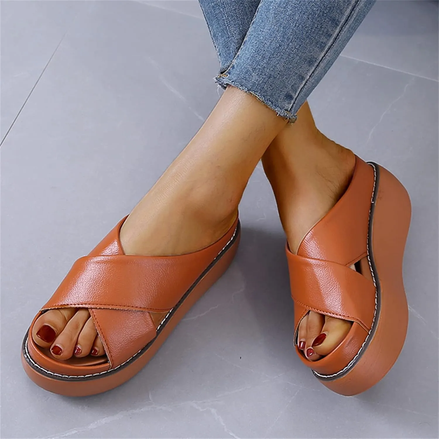 ORNVEION Women's Leather Platform Wedge Heel Sandals,Comfy Soft Fashion Open Toe Slip-on Casual Outdoor Beach Slipper