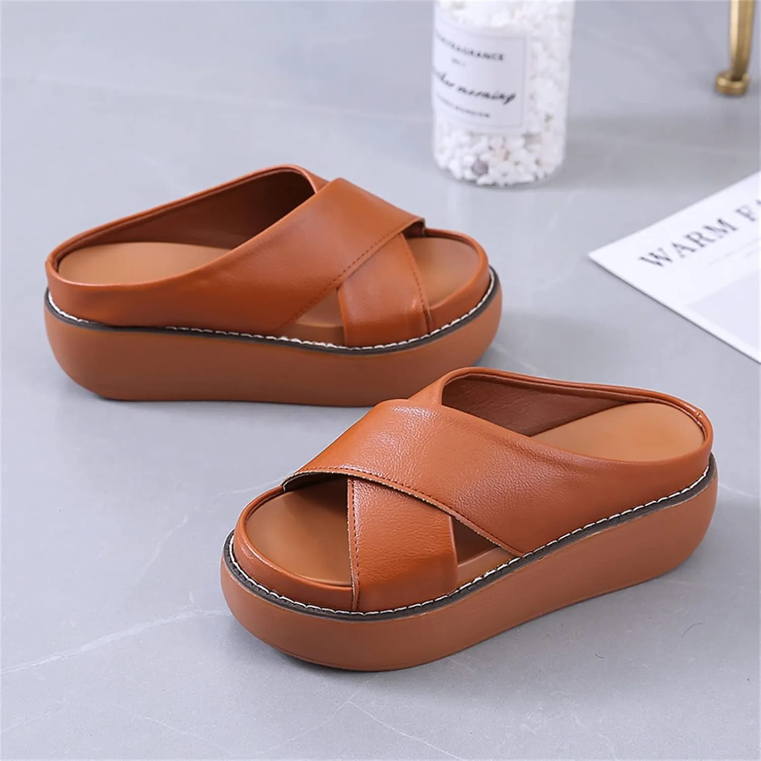 ORNVEION Women's Leather Platform Wedge Heel Sandals,Comfy Soft Fashion Open Toe Slip-on Casual Outdoor Beach Slipper
