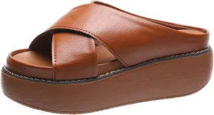 ORNVEION Women's Leather Platform Wedge Heel Sandals,Comfy Soft Fashion Open Toe Slip-on Casual Outdoor Beach Slipper