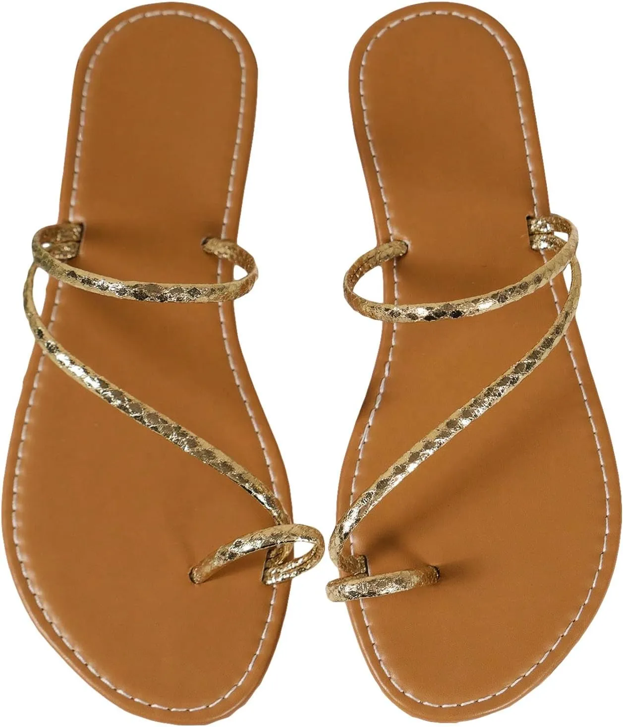 OYOANGLE Women's Open Toe Strappy Flat Sandals Toe Ring Thin Straps Thong Sandals Lightweight Leather Slides