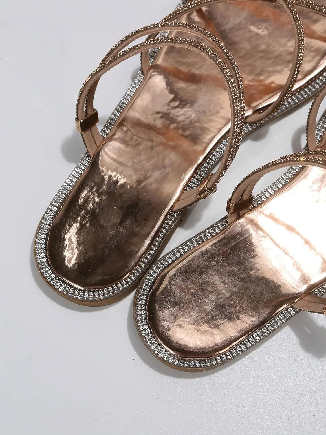 OYOANGLE Women's Rhinestone Strappy Open Toe Slide Sandals Slip on Casual Flat Sandals