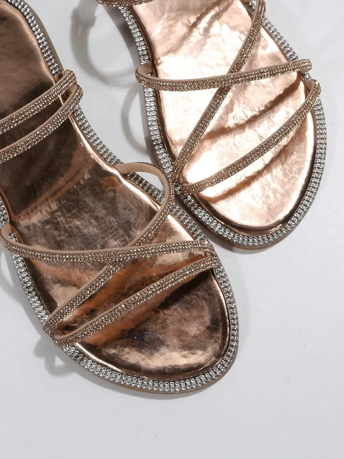 OYOANGLE Women's Rhinestone Strappy Open Toe Slide Sandals Slip on Casual Flat Sandals