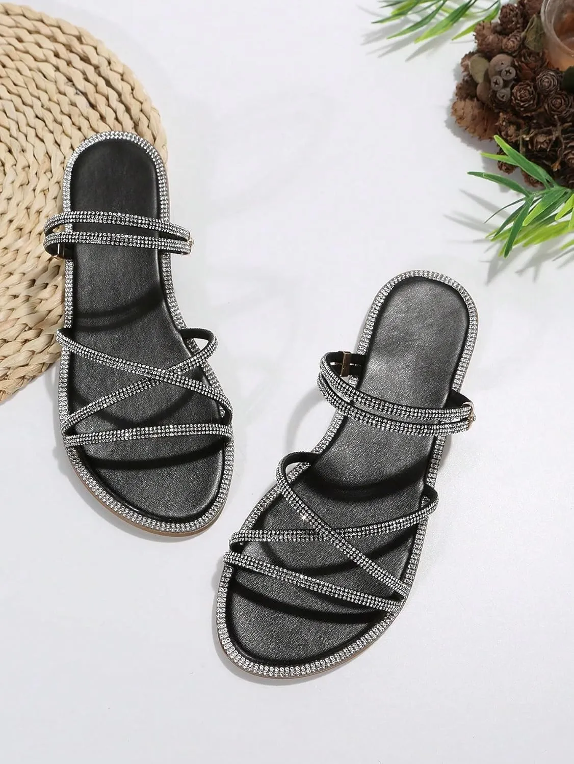 OYOANGLE Women's Rhinestone Strappy Open Toe Slide Sandals Slip on Casual Flat Sandals
