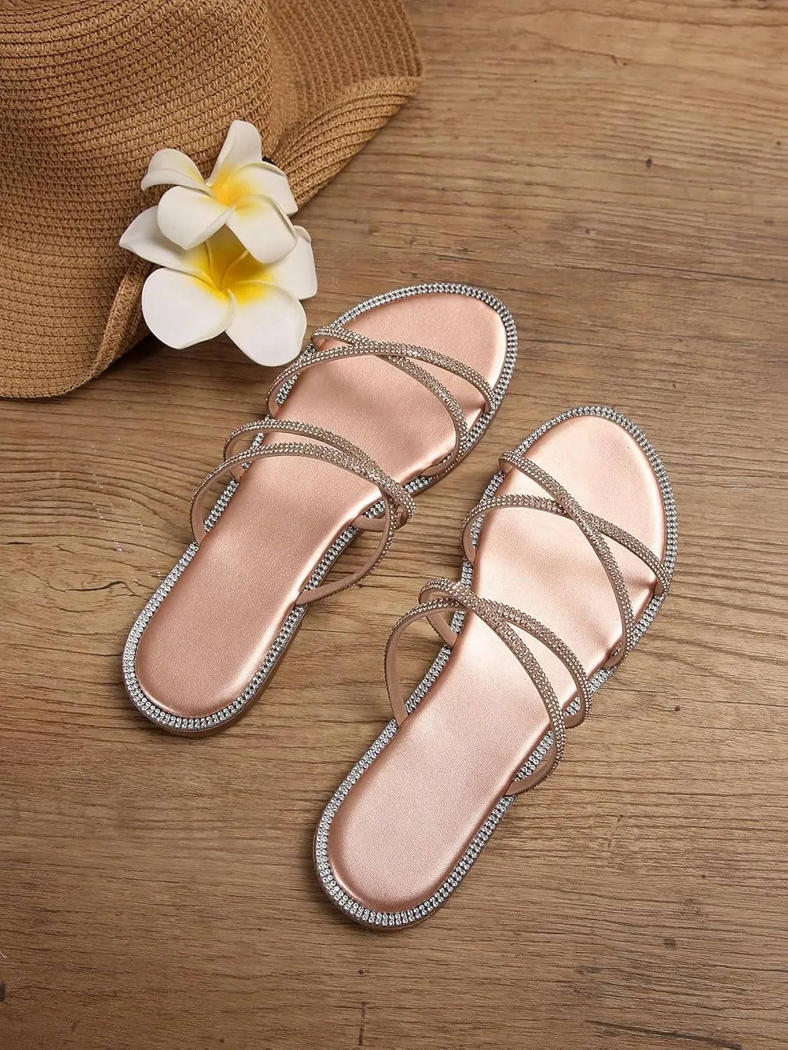 OYOANGLE Women's Rhinestone Strappy Open Toe Slide Sandals Slip on Casual Flat Sandals