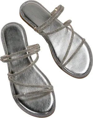 OYOANGLE Women's Rhinestone Strappy Open Toe Slide Sandals Slip on Casual Flat Sandals