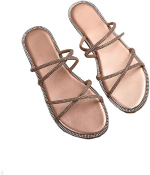OYOANGLE Women's Rhinestone Strappy Open Toe Slide Sandals Slip on Casual Flat Sandals