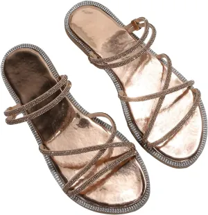 OYOANGLE Women's Rhinestone Strappy Open Toe Slide Sandals Slip on Casual Flat Sandals