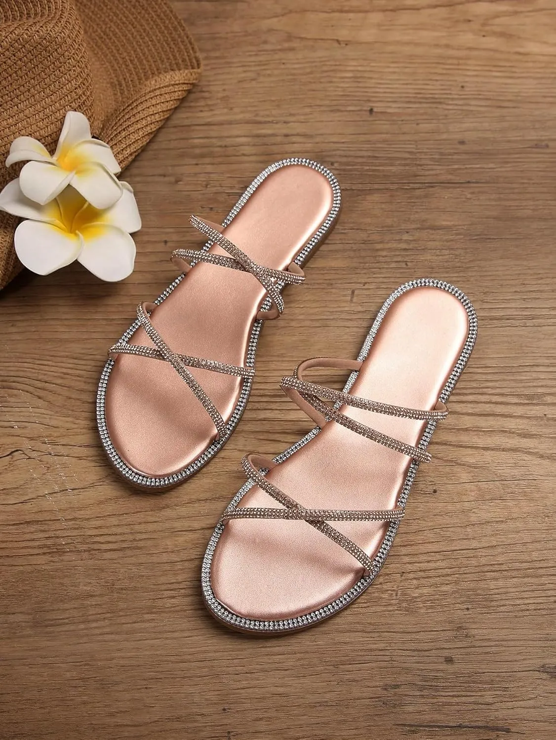 OYOANGLE Women's Rhinestone Strappy Open Toe Slide Sandals Slip on Casual Flat Sandals