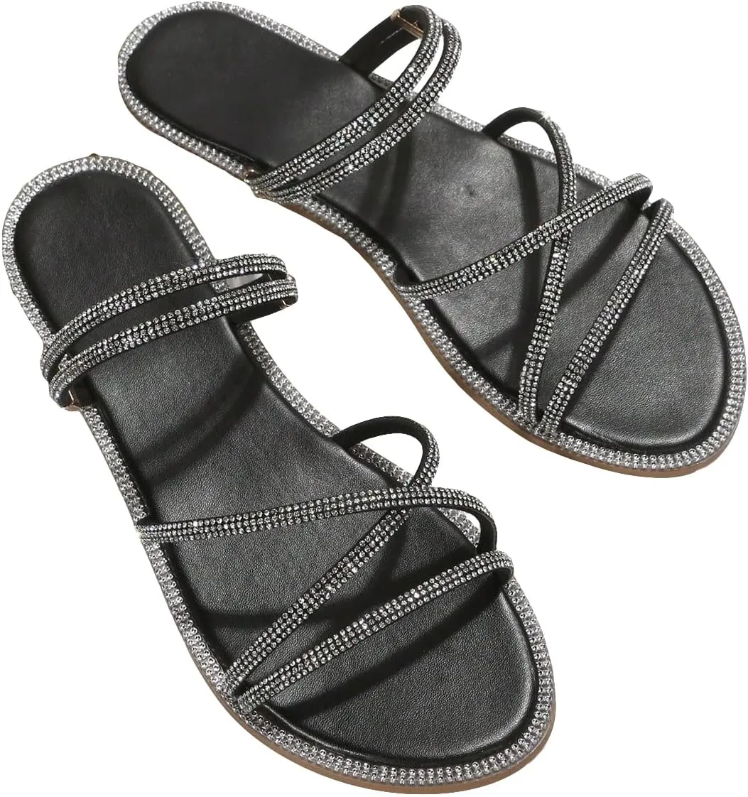 OYOANGLE Women's Rhinestone Strappy Open Toe Slide Sandals Slip on Casual Flat Sandals