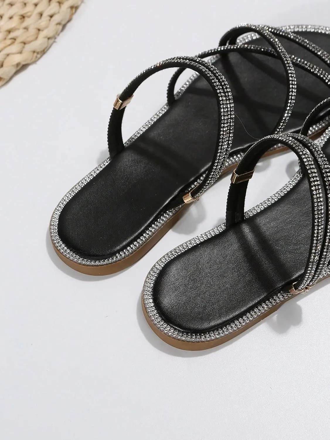OYOANGLE Women's Rhinestone Strappy Open Toe Slide Sandals Slip on Casual Flat Sandals