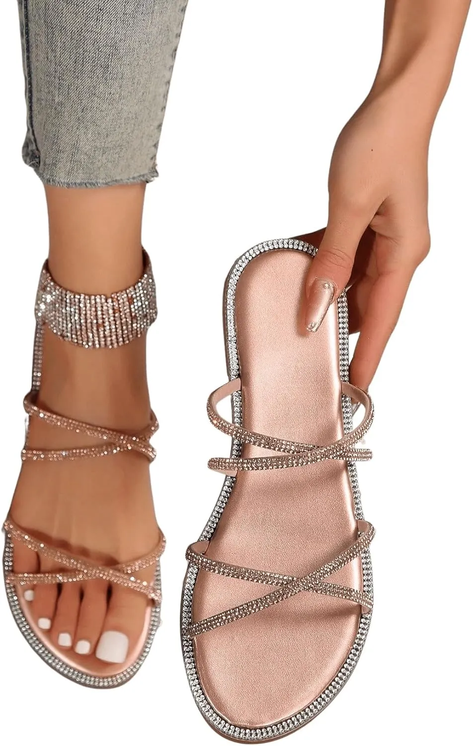 OYOANGLE Women's Rhinestone Strappy Open Toe Slide Sandals Slip on Casual Flat Sandals