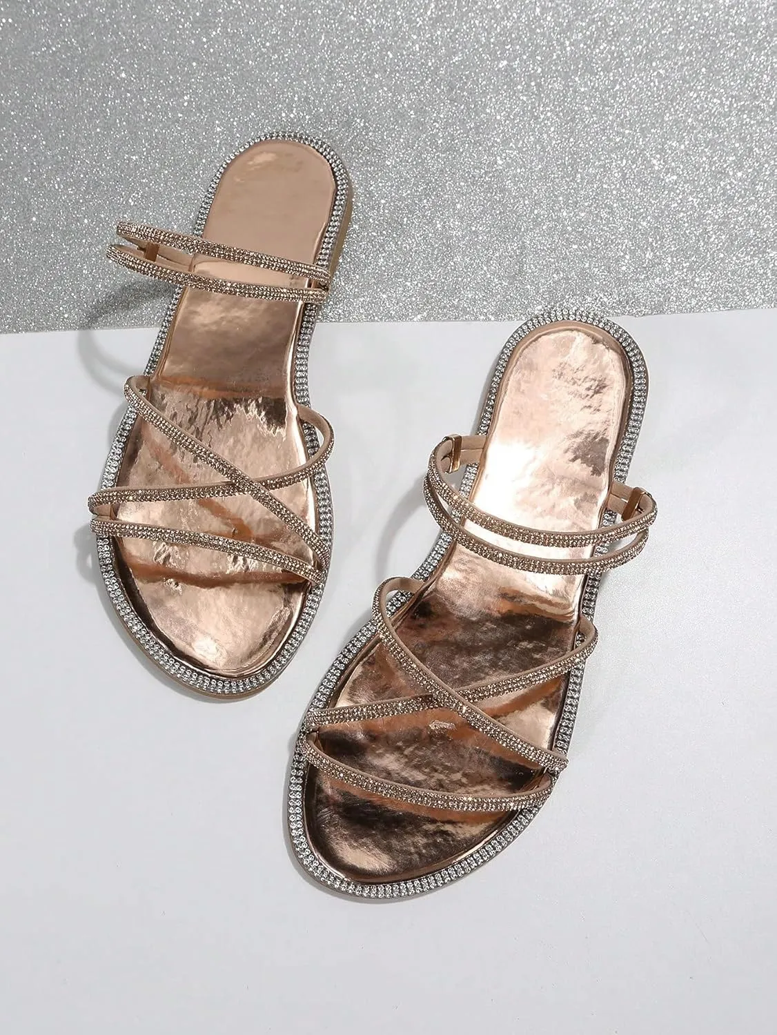 OYOANGLE Women's Rhinestone Strappy Open Toe Slide Sandals Slip on Casual Flat Sandals