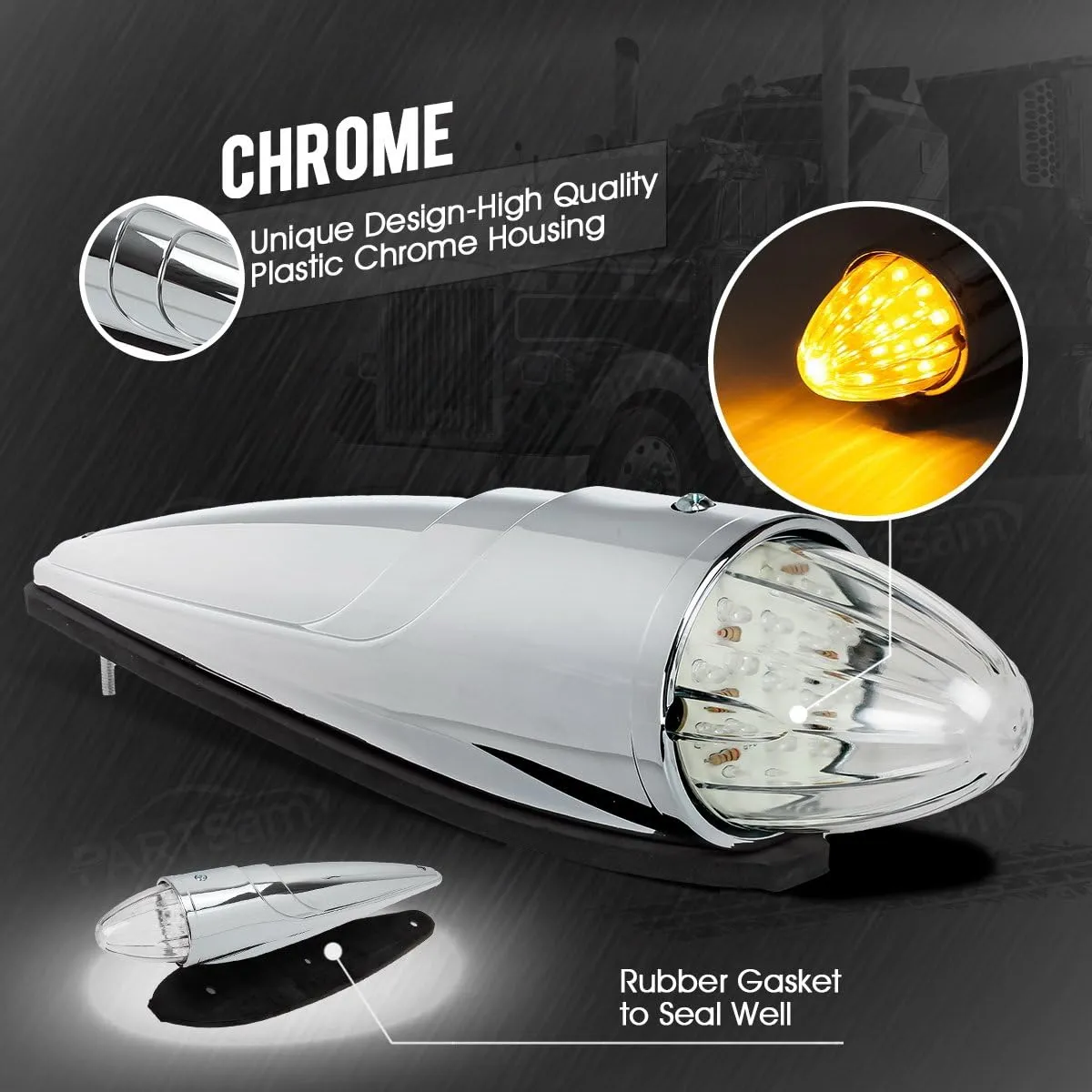 Partsam 5pc Super Bright Amber Yellow 17 LED Clear Lens Torpedo Chrome Cab Marker Top Roof Running Lights Assembly Compatible with Kenworth/Peterbilt/Freightliner/International/Mack Paccar Semi Truck