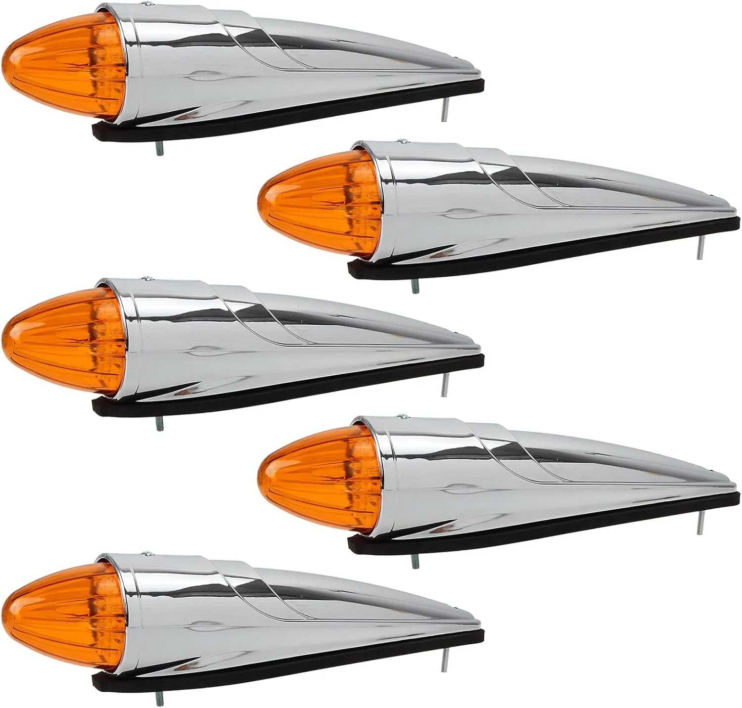 Partsam 5PCS 17 LED Amber Torpedo Cab Marker Roof Running Top Lights Assembly Super Bright Chrome Heavy Duty Trucks Replacement for International Kenworth/Peterbilt/Freightliner/Mack,DOT Compliant