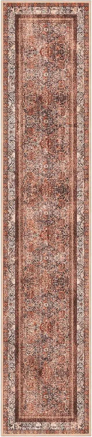 Phantoscope Hallway Runner 2'x10'- Long Boho Washable Non-Slip Carpet for Kitchen Entryway Laundry Bedroom, Ultra-Thin Vintage Distressed Accent Rug, Brick Red/Black