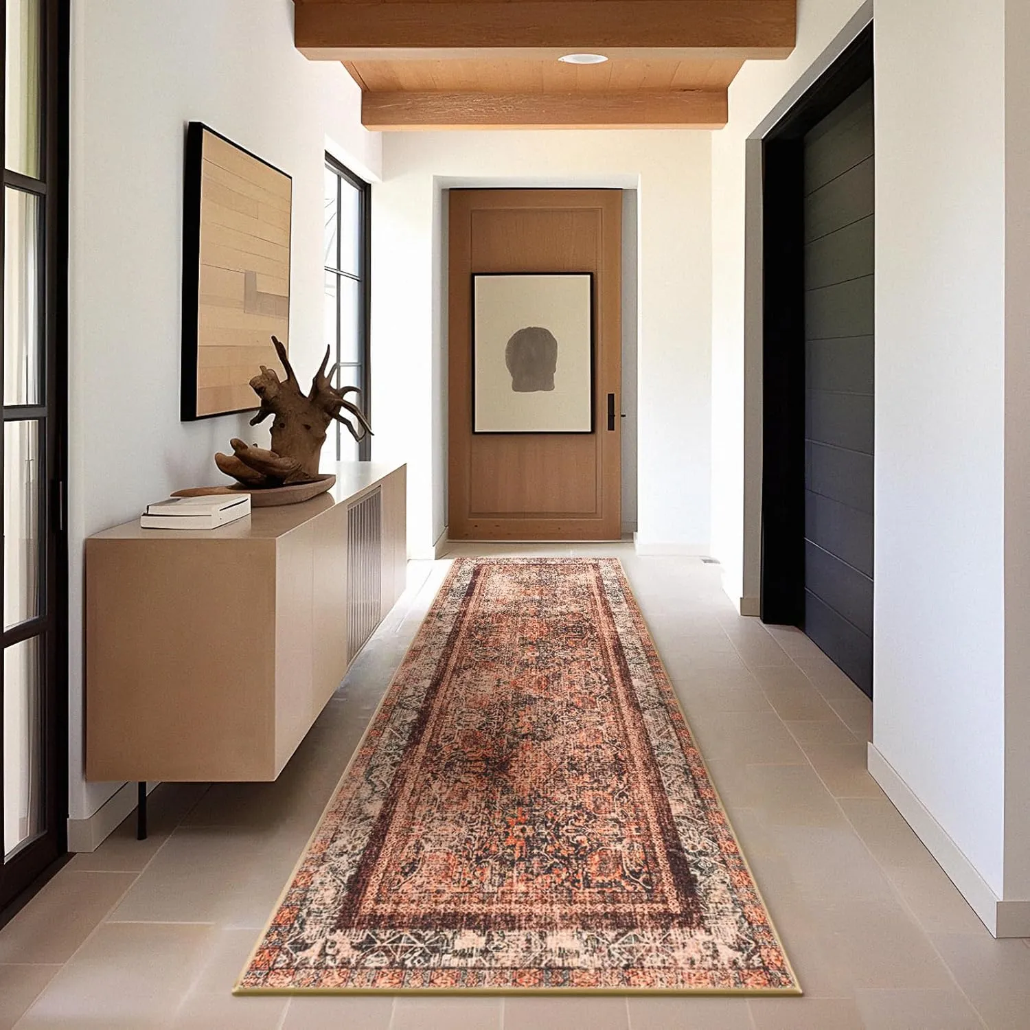Phantoscope Hallway Runner 2'x10'- Long Boho Washable Non-Slip Carpet for Kitchen Entryway Laundry Bedroom, Ultra-Thin Vintage Distressed Accent Rug, Brick Red/Black