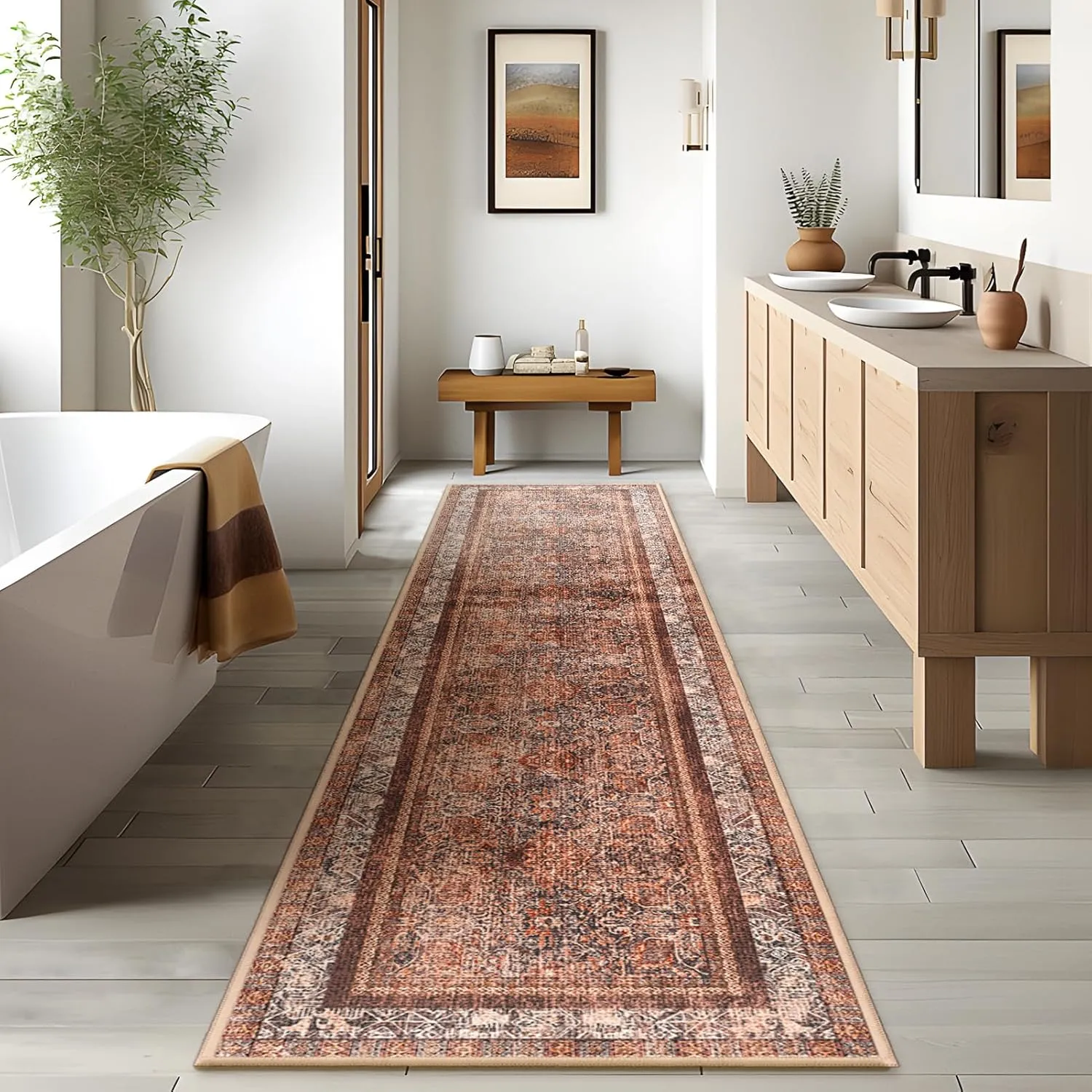 Phantoscope Hallway Runner 2'x10'- Long Boho Washable Non-Slip Carpet for Kitchen Entryway Laundry Bedroom, Ultra-Thin Vintage Distressed Accent Rug, Brick Red/Black