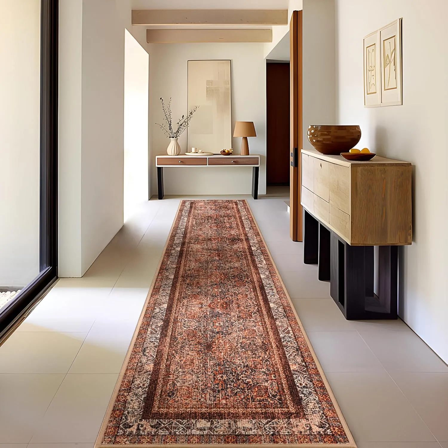 Phantoscope Hallway Runner 2'x10'- Long Boho Washable Non-Slip Carpet for Kitchen Entryway Laundry Bedroom, Ultra-Thin Vintage Distressed Accent Rug, Brick Red/Black