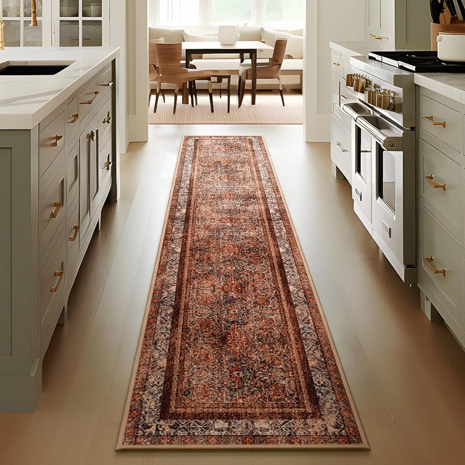 Phantoscope Hallway Runner 2'x10'- Long Boho Washable Non-Slip Carpet for Kitchen Entryway Laundry Bedroom, Ultra-Thin Vintage Distressed Accent Rug, Brick Red/Black