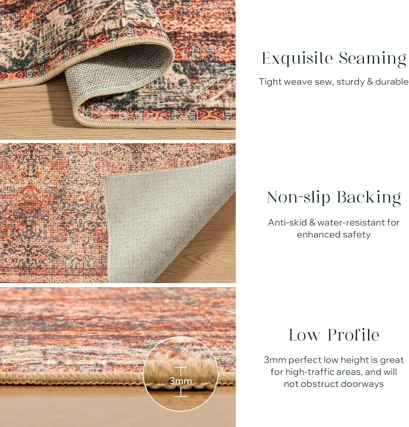 Phantoscope Hallway Runner 2'x10'- Long Boho Washable Non-Slip Carpet for Kitchen Entryway Laundry Bedroom, Ultra-Thin Vintage Distressed Accent Rug, Brick Red/Black