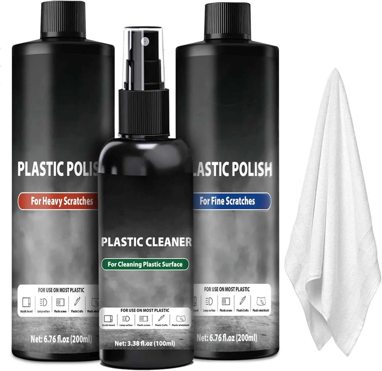 Plastic Cleaner and Polish, 3 Step Scratch Removal System for Clear Plastic and Acrylic Surfaces, Suitable for Light and Heavy Scratches or Blurry Surfaces