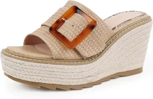 Platform Sandals Women, Wedge Sandals for Women-Espadrilles Slip On Open Toe Casual Summer Beach Slides Adjustable Buckle Dress Sandals Khaki Size8.5