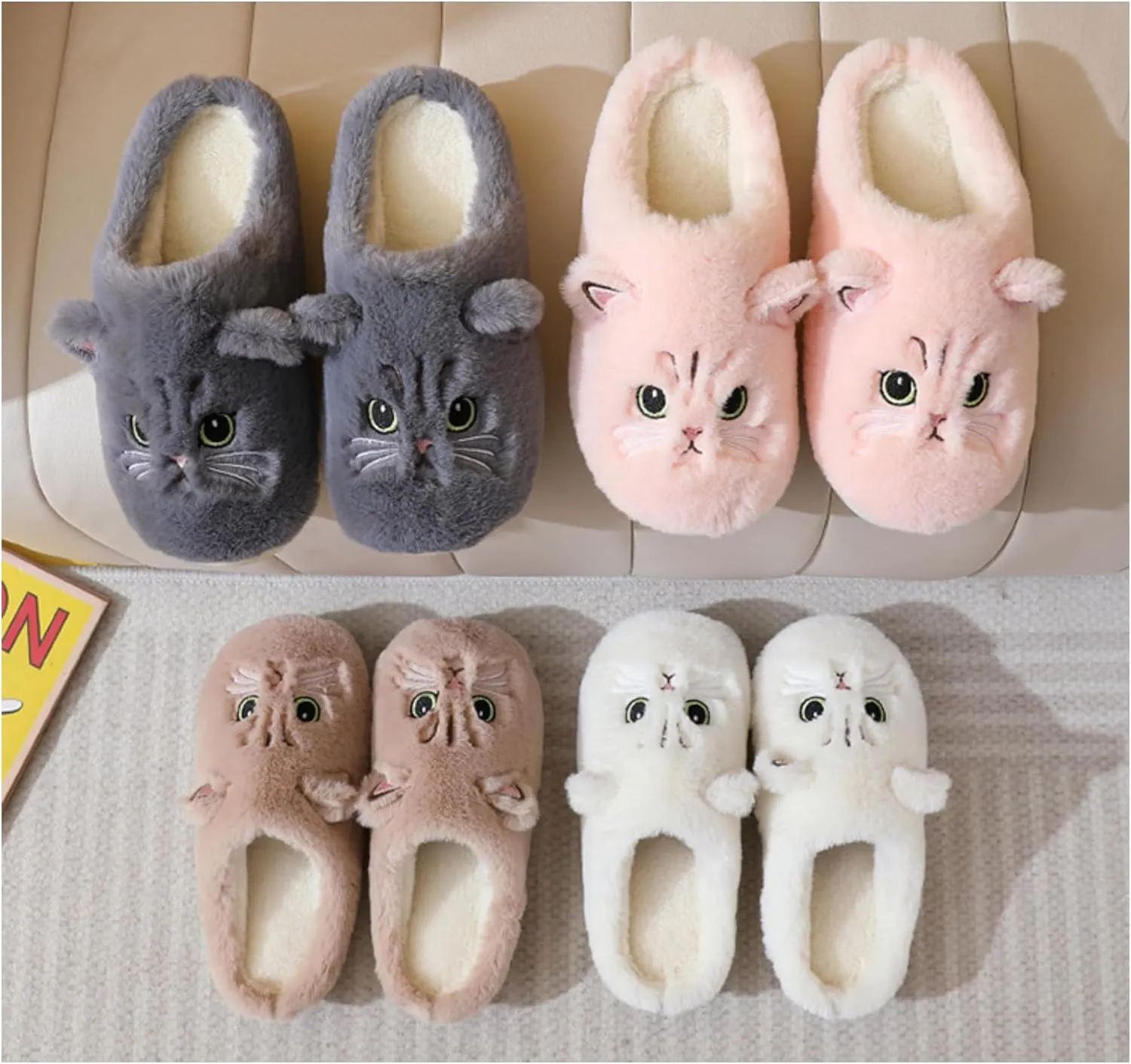 Plush animal slippers, soft and comfortable slippers, women's home slippers, bedroom cat girl plush slippers