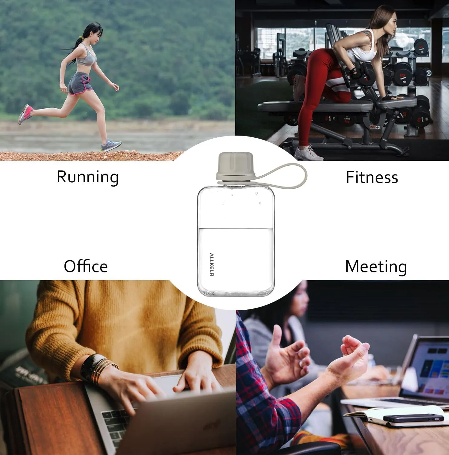Portable Flat Water Bottle,BPA Free Reusable Tritan Plastic Travel Water Bottle Cup,Lightweight Leakproof Slim Water Bottles Fits Purse,Backpacking,Hiking (Gray, 8 oz)