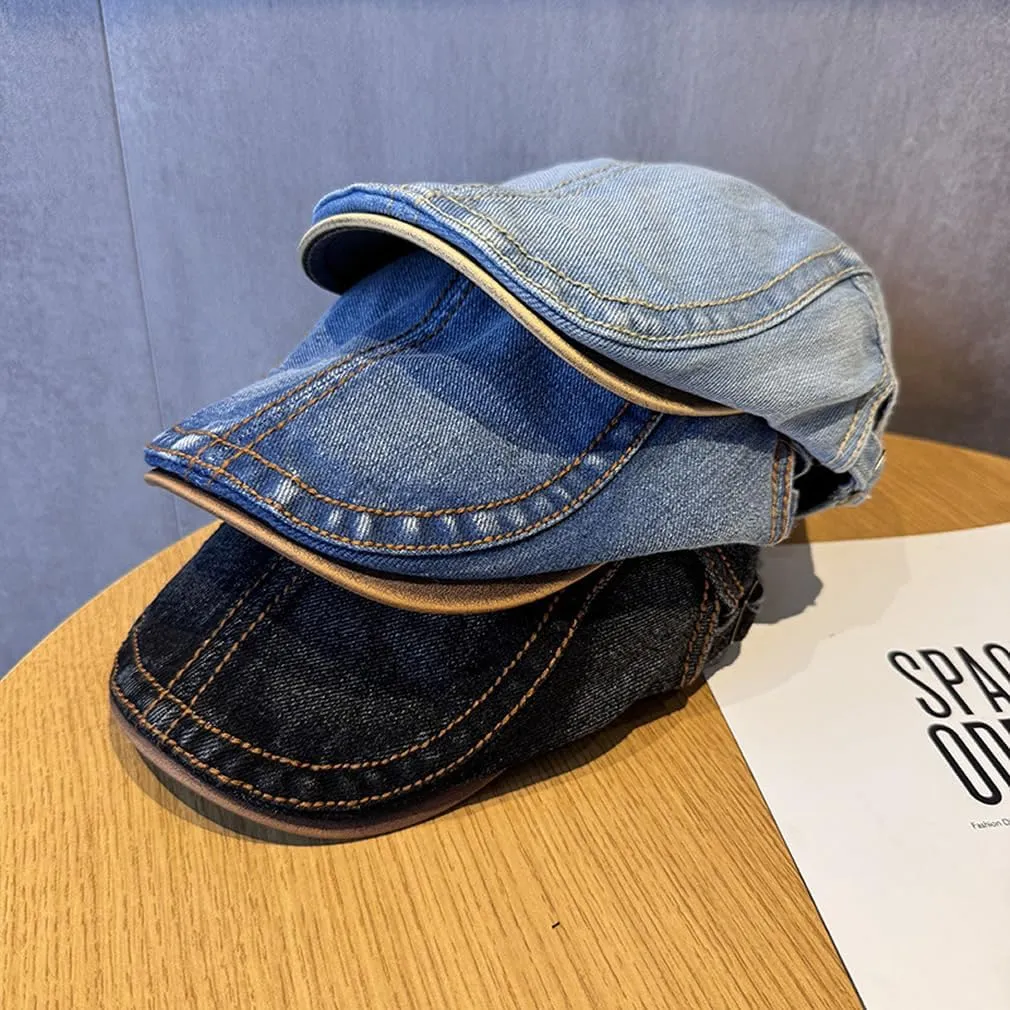 Quanhaigou Unisex Denim Newsboy Hats Flat Ivy Gatsby Cabbie Driving Berets Hat Cotton Dad Cap for Men Women