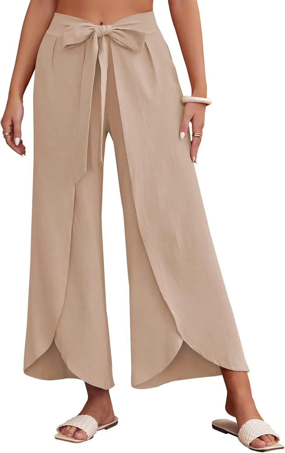 ReachMe Womens Casual Palazzo High Waisted Flowy Wide Leg Pants Bowtie Front Split Wrap Pants Trousers