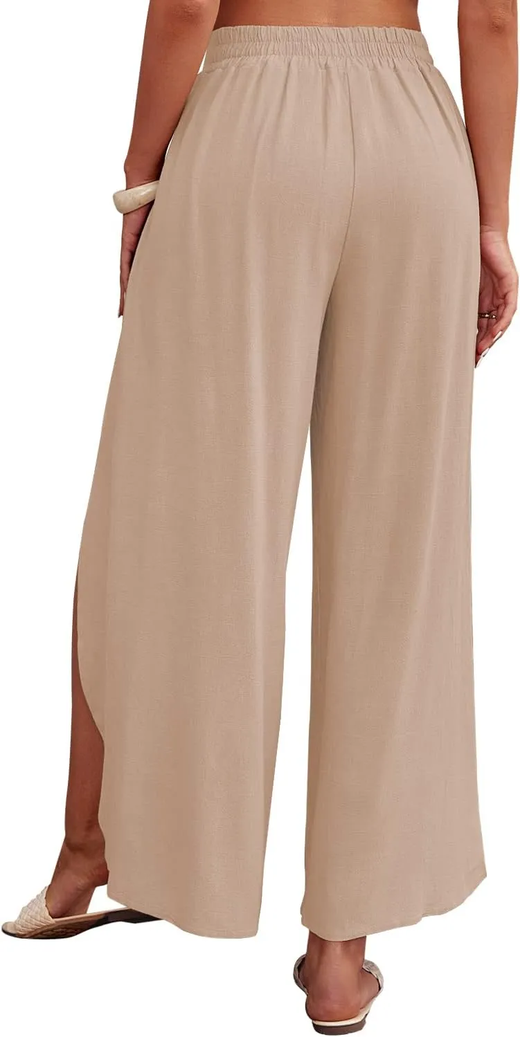 ReachMe Womens Casual Palazzo High Waisted Flowy Wide Leg Pants Bowtie Front Split Wrap Pants Trousers