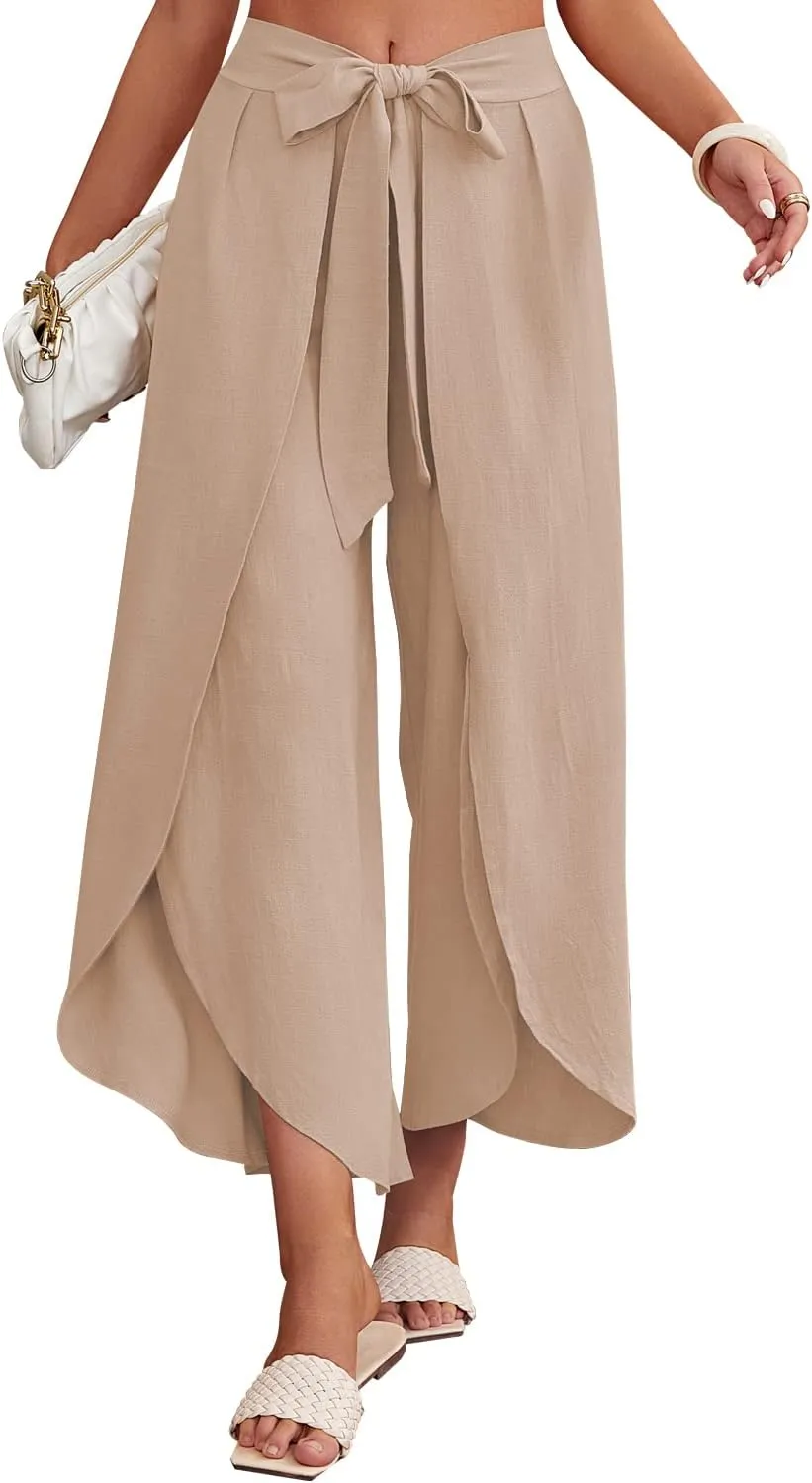 ReachMe Womens Casual Palazzo High Waisted Flowy Wide Leg Pants Bowtie Front Split Wrap Pants Trousers